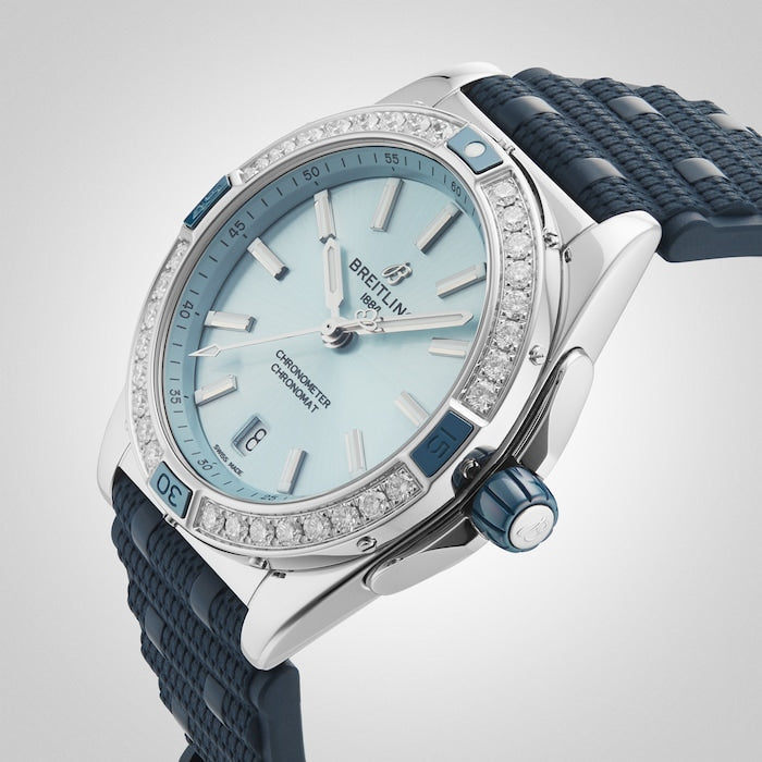 Breitling Super Chronomat Automatic 38 Diamonds Blue Dial Blue Rubber Strap Watch for Women - A17356531C1S1