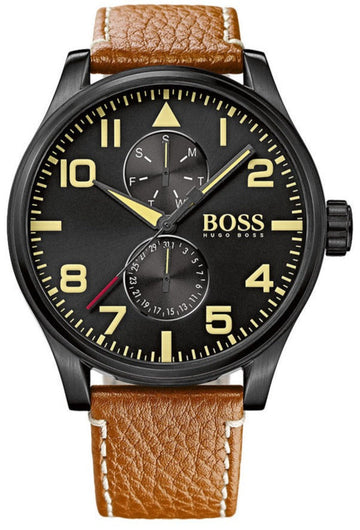 Hugo Boss Aeroliner Maxx Chronograph Black Dial Brown Leather Strap Watch For Men - HB1513082