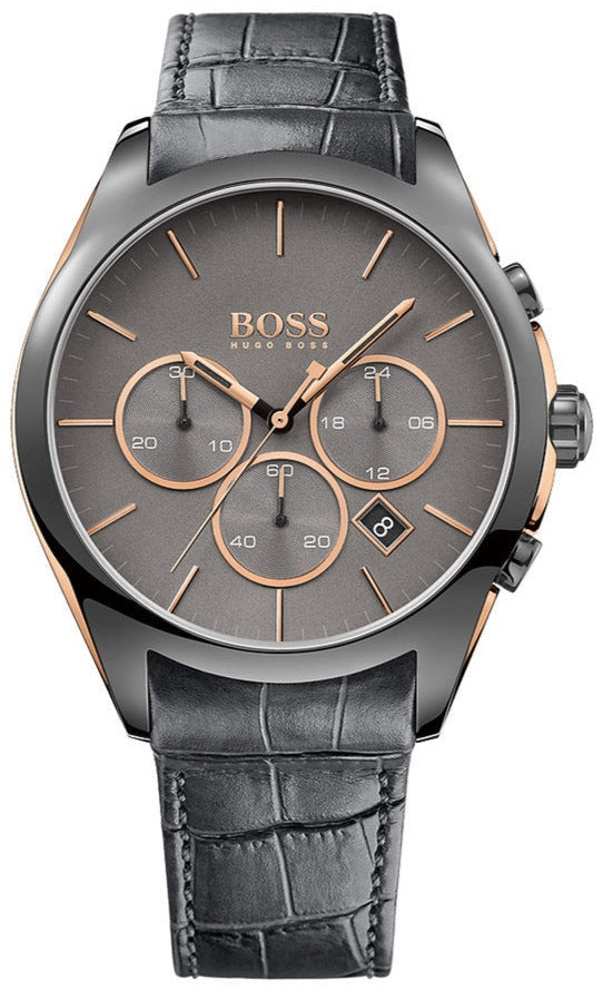 Hugo Boss Onyx Chronograph Grey Dial Black Leather Strap Watch For Men - HB1513366