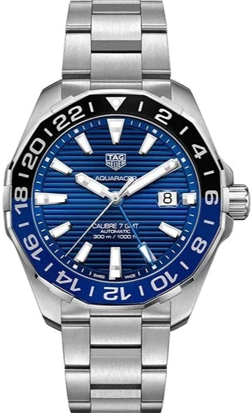Tag Heuer Aquaracer GMT Blue Dial Calibre 6 Automatic Blue Dial Silver Steel Strap Watch for Men - WAY201T.BA0927