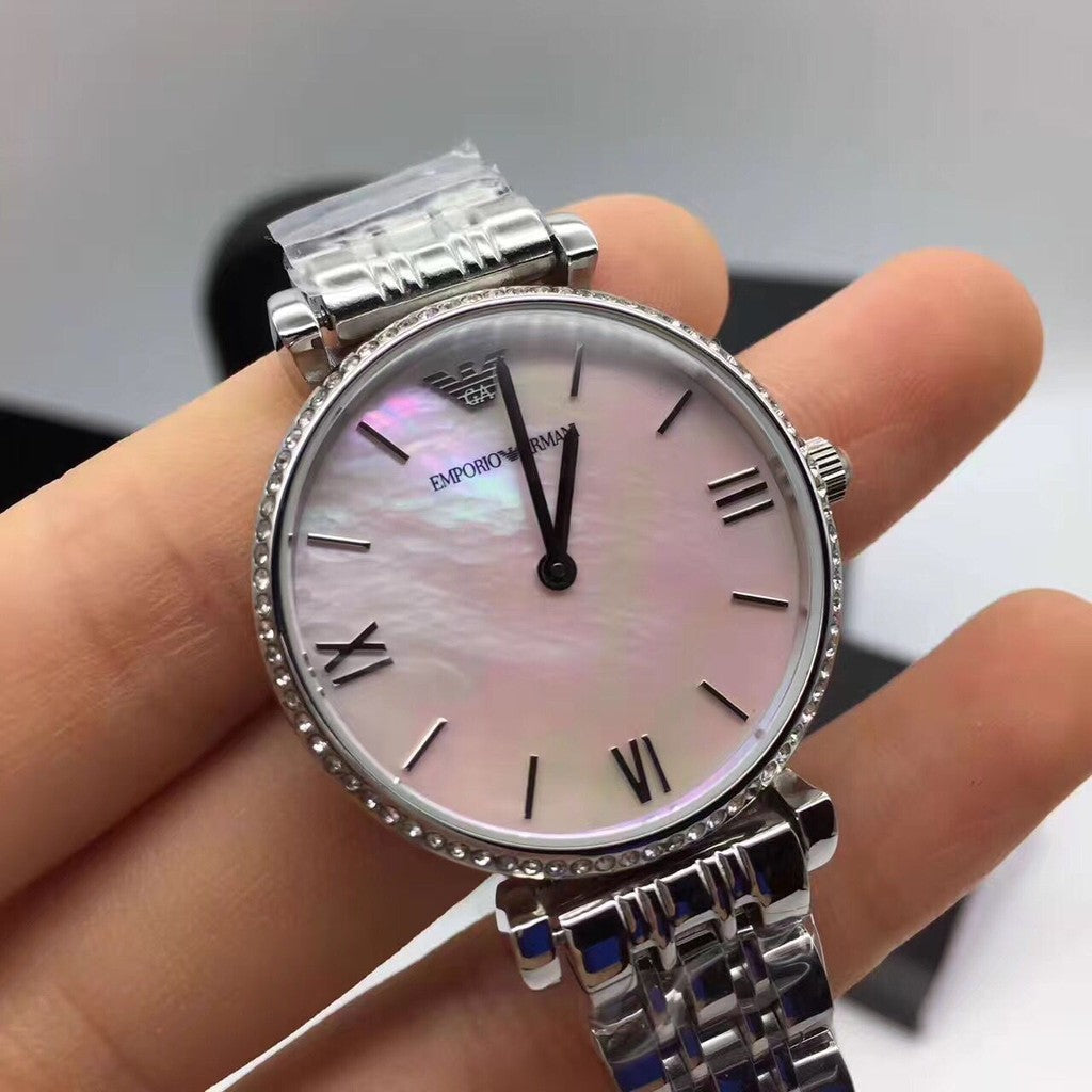 Emporio Armani Gianni T Bar Pink Mother of Pearl Dial Silver Steel Strap Watch For Women - AR1779
