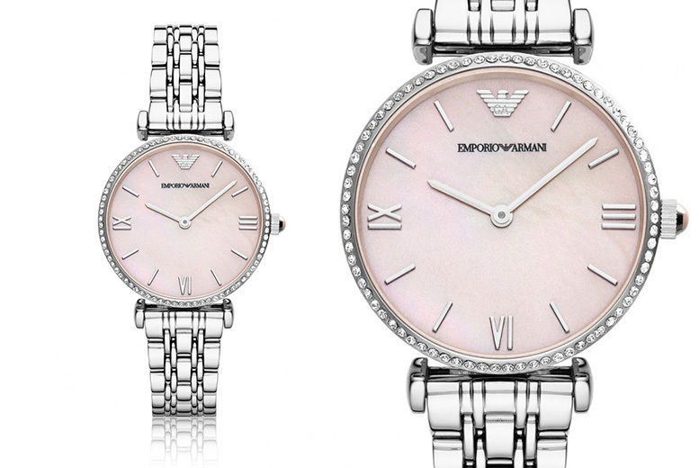 Emporio Armani Gianni T Bar Pink Mother of Pearl Dial Silver Steel Strap Watch For Women - AR1779