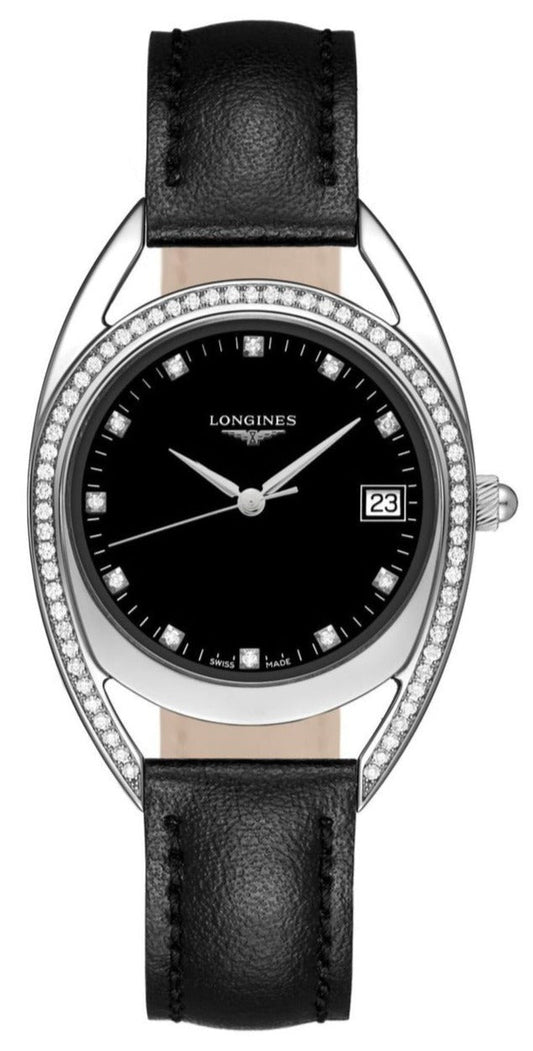 Longines Equestrian Arche Quartz Diamond Black Dial Black Leather Strap Watch for Women - L6.136.0.57.0
