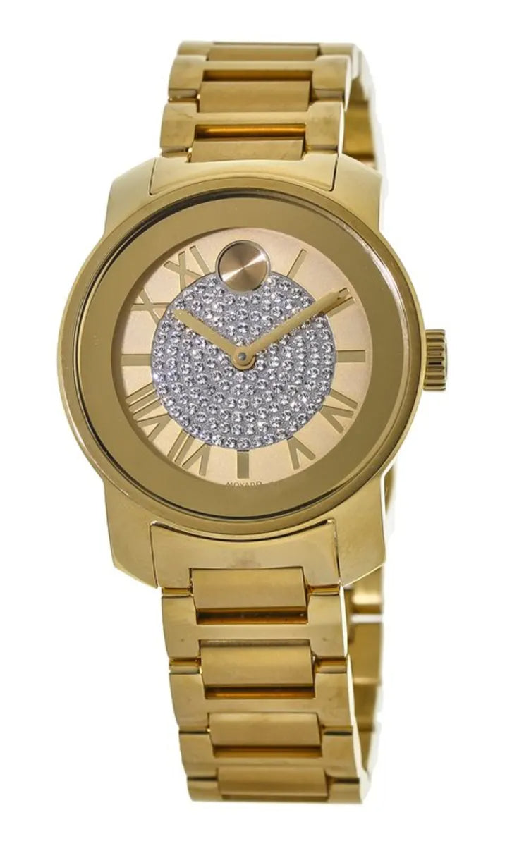 Movado Bold Gold Pave Dial Gold Steel Strap Watch For Women - 3600255