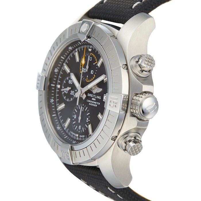 Breitling Avenger Chronograph 45mm Black Dial Black Leather Strap Watch for Men - A13317101B1X1