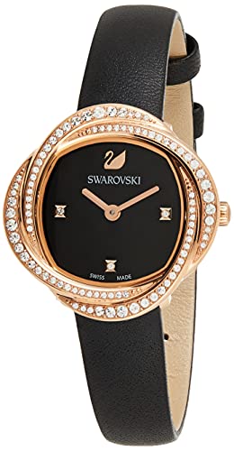 Swarovski Crystal Flower Black Dial Black Leather Strap Watch for Women - 5552421