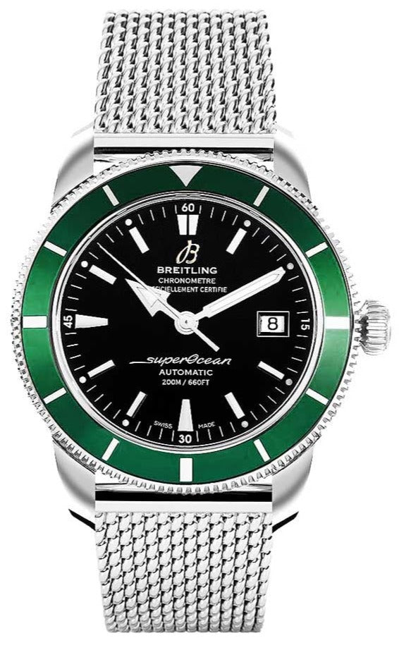 Breitling Superocean Heritage 42mm Chronograph Green Dial Silver Mesh Bracelet Mens Watch - A1732136