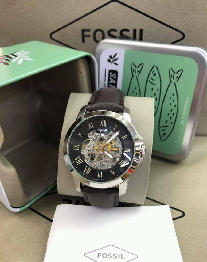 Fossil Grant Automatic Skeleton Black Dial Brown Leather Strap Watch for Men - ME3100