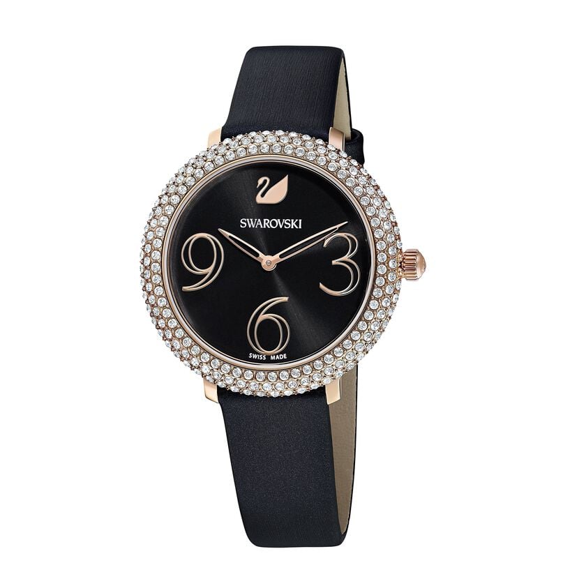 Swarovski Crystal Frost Black Dial Black Leather Strap Watch for Women - 5484058