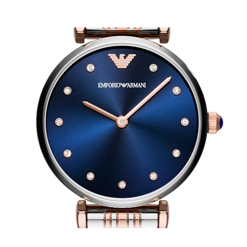 Emporio Armani Gianni T Bar Blue Dial Two Tone Steel Strap Watch For Women - AR11092