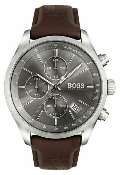 Hugo Boss Grand Prix Grey Dial Brown Leather Strap Watch for Men -  1513476