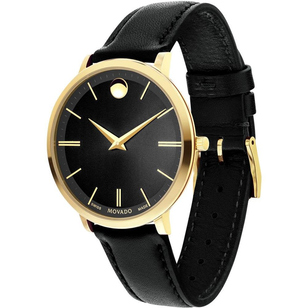 Movado Ultra Slim Black Dial Black Leather Strap Watch For Women - 0607091