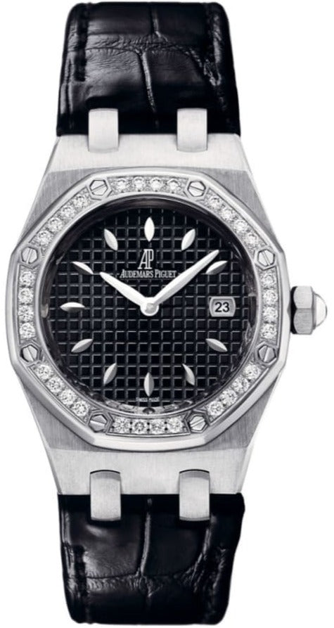 Audemars Piguet Royal Oak Quartz Diamonds Black Dial Black Leather Strap Watch for Women - 67621ST.ZZ.D002CR.01