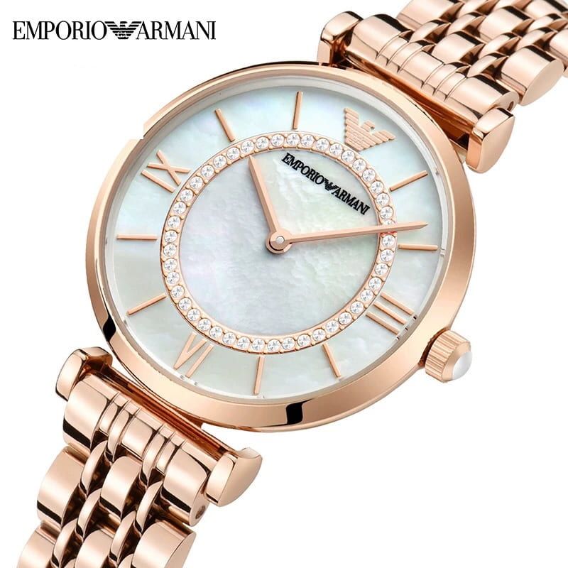 Emporio Armani Gianni T Bar Mother of Pearl  Dial Rose Gold Steel Strap Watch For Women - AR1909