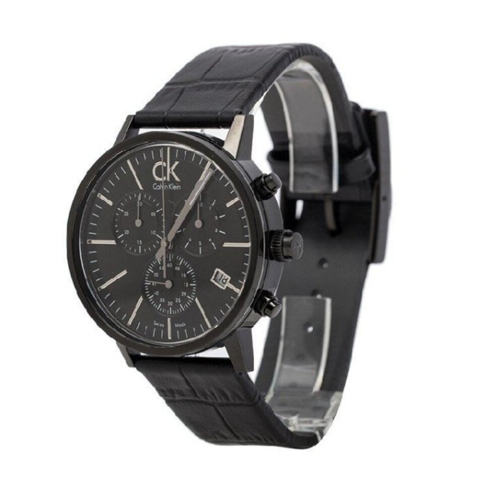 Calvin Klein Post Minimal Chronograph Black Dial Black Leather Strap Watch for Men - K7627401