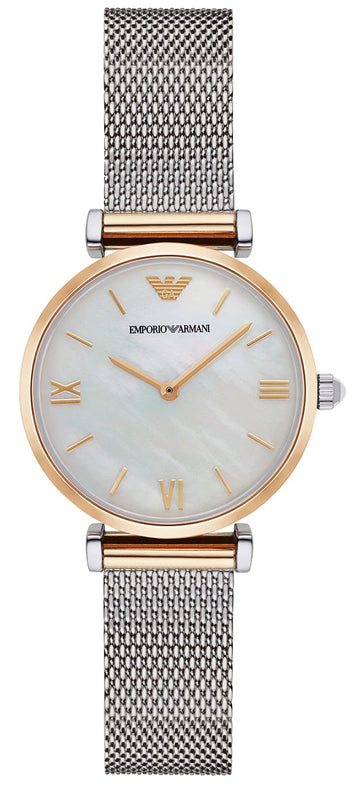 Emporio Armani Gianni T Bar Mother of Pearl Dial Silver Mesh Bracelet Watch For Women - AR2068