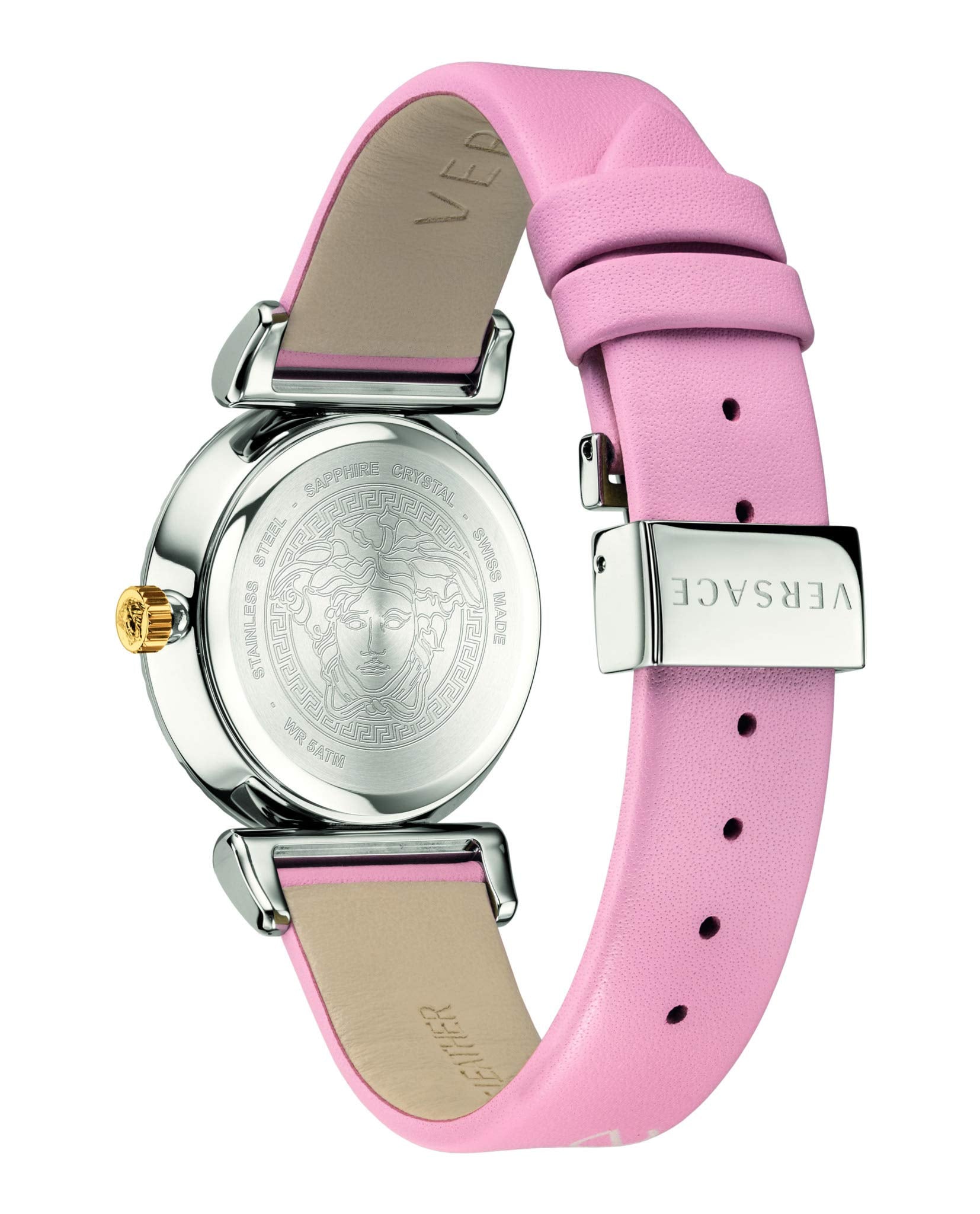 Versace V-Motif Silver Dial Pink Leather Strap Watch for Women - VERE00118