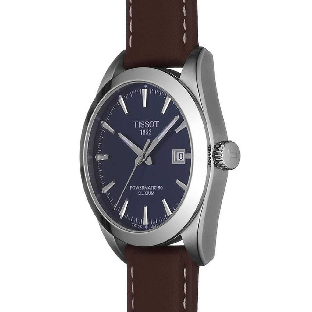 Tissot Gentlemen Powermatic 80 Silicium Blue DIal Brown Leather Strap Watch For Men - T127.407.16.041.00