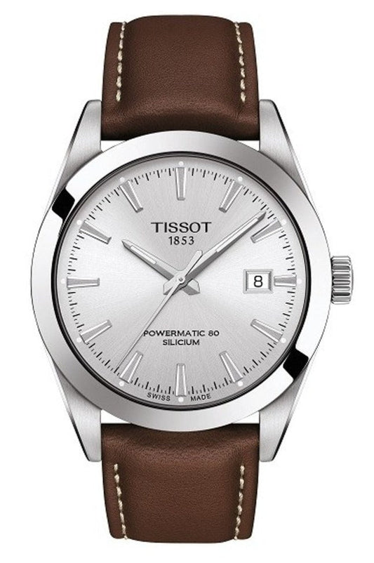 Tissot Gentleman Powermatic 80 Silicium Silver Dial Brown Leather Strap Watch For Men - T127.407.16.031.00