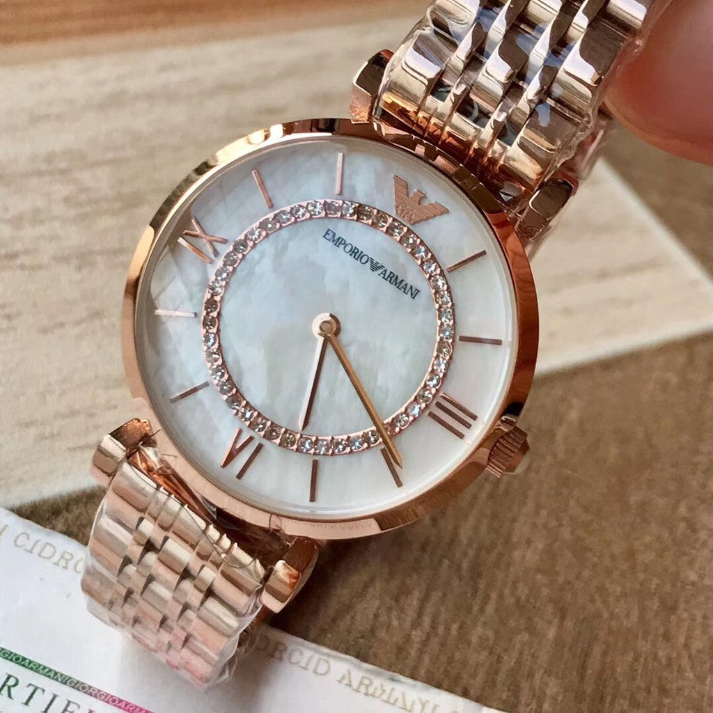Emporio Armani Gianni T Bar Mother of Pearl  Dial Rose Gold Steel Strap Watch For Women - AR1909