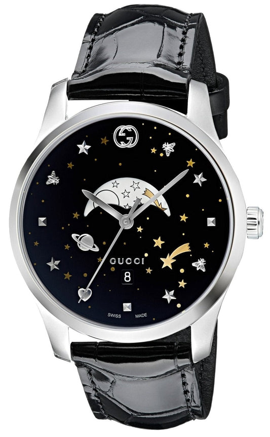 Gucci G-Timeless Moonphase Black Dial Black Leather Strap Watch For Men - YA126327