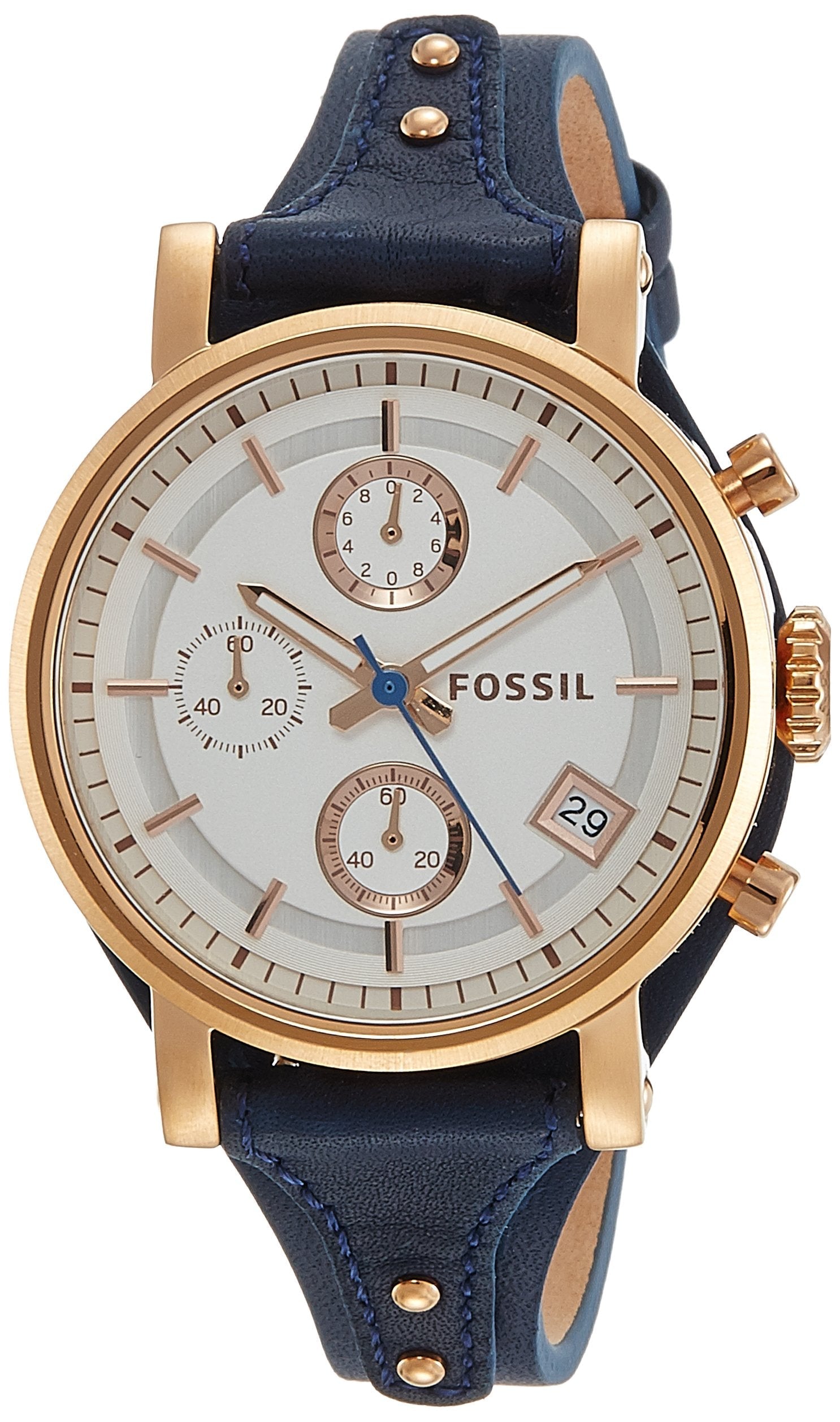 Fossil Original Boyfriend Chronograph White Dial Blue Leather Strap Watch for Women - ES3838