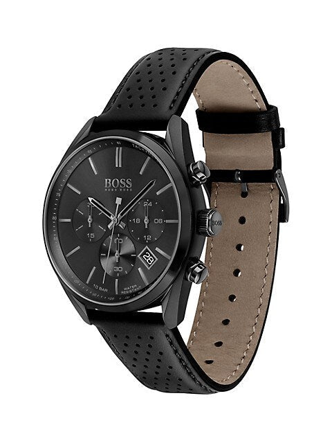 Hugo Boss Grand Prix Black Dial Black Leather Strap Watch for Men - 1513474