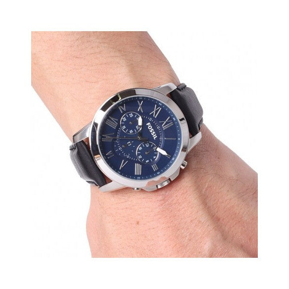 Fossil Grant Chronograph Blue Dial Black Leather Strap Watch for Men - FS4990