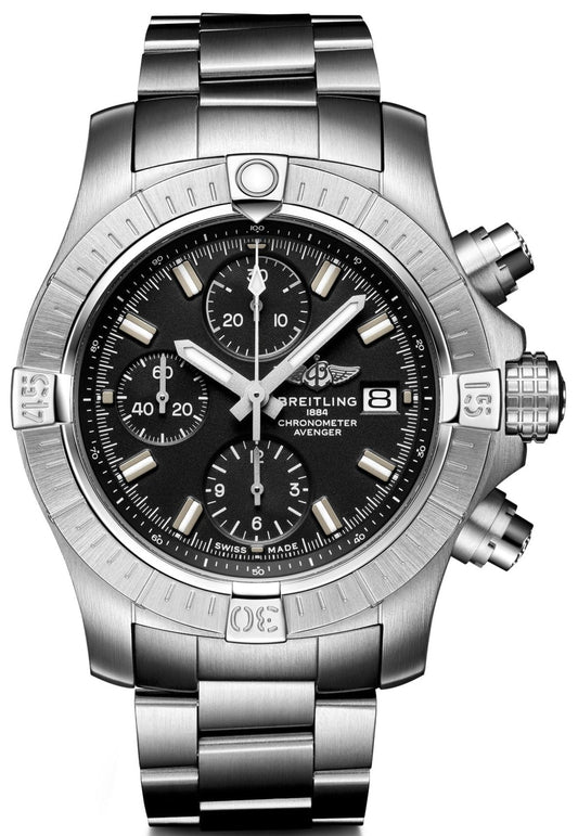 Breitling Avenger Chronograph 43 Black Dial Silver Steel Strap Watch for Men - A13385101B1A1