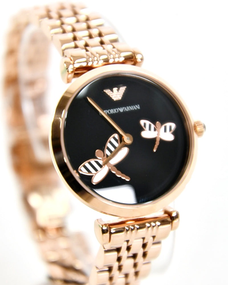 Emporio Armani Gianni T Bar Black Dial Rose Gold Steel Strap Watch For Women - AR11206