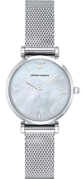 Emporio Armani Gianni T Bar Mother of Pearl Dial Silver Mesh Bracelet Watch For Women - AR1955