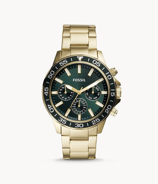 Fossil Bannon Multifunction Chronograph Green Dial Gold Steel Strap Watch for Men - BQ2493