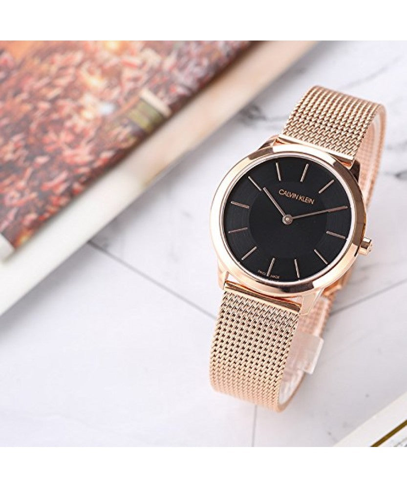 Calvin Klein Minimal Black Dial Rose Gold Mesh Bracelet Watch for Women - K3M2262Y