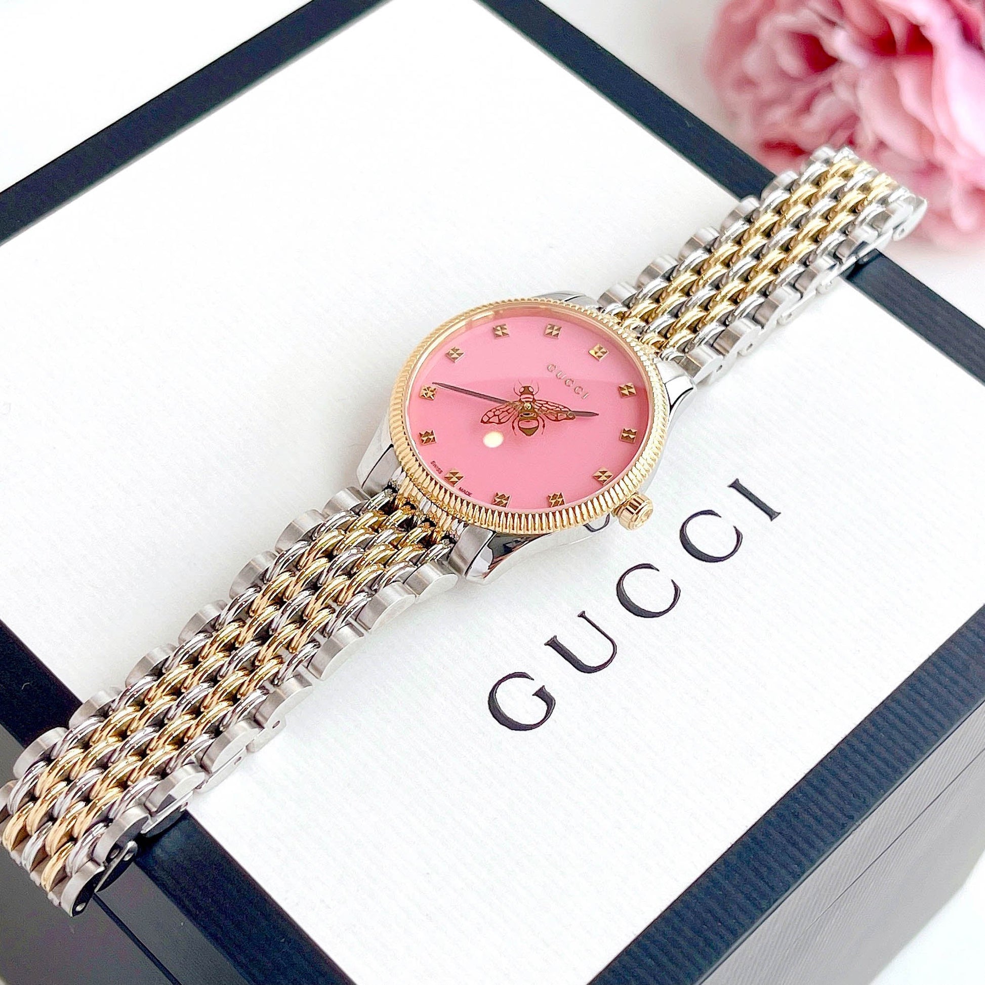 Gucci G Timeless Quartz Pink Dial Two Tone Steel Strap Watch For Women - YA1265030