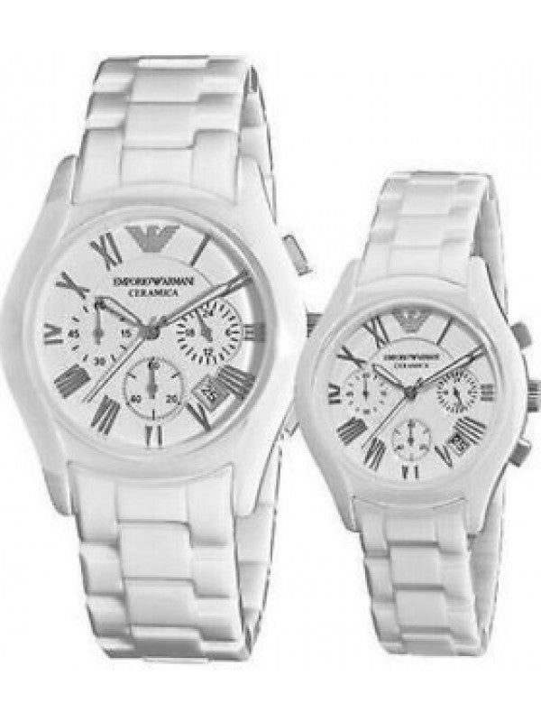 Emporio Armani Ceramic Chronograph White Dial White Steel Strap Watch For Women - AR1403