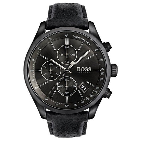 Hugo Boss Grand Prix Black Dial Black Leather Strap Watch for Men - 1513474