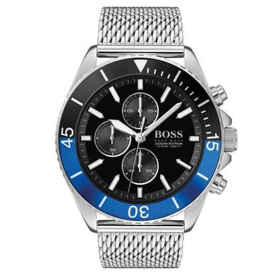 Hugo Boss Ocean Edition Black Dial Silver Mesh Strap Watch for Men - 1513742