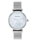Emporio Armani Gianni T Bar Mother of Pearl Dial Silver Mesh Bracelet Watch For Women - AR1955