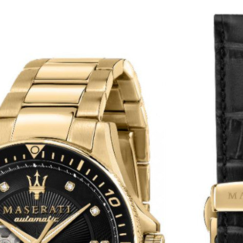 Maserati SFIDA Black Dial Yellow Gold Toned Stainless Steel Watch For Men - R8823140003