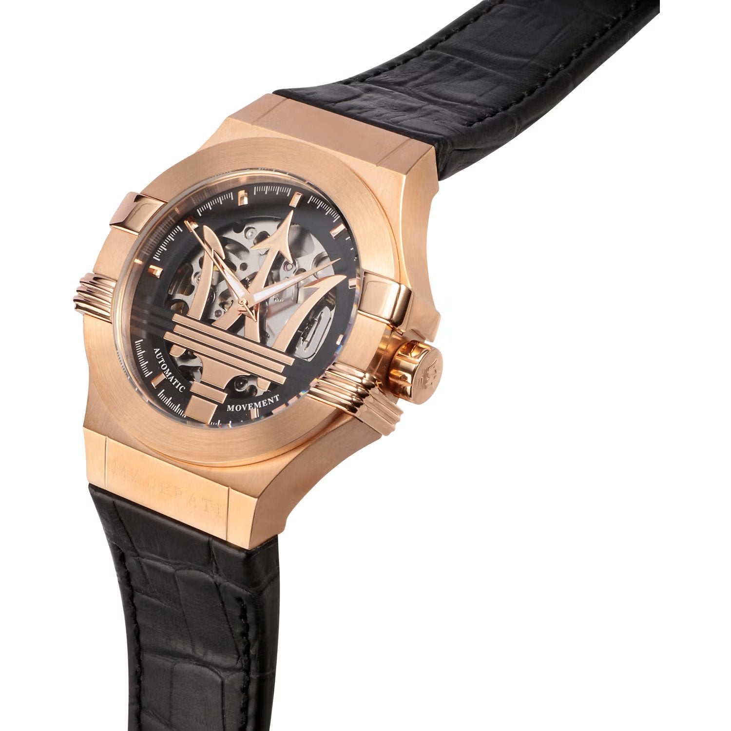 Maserati Potenza Automatic Rose Gold Dial Black Leather Strap Watch For Men - R8821108002