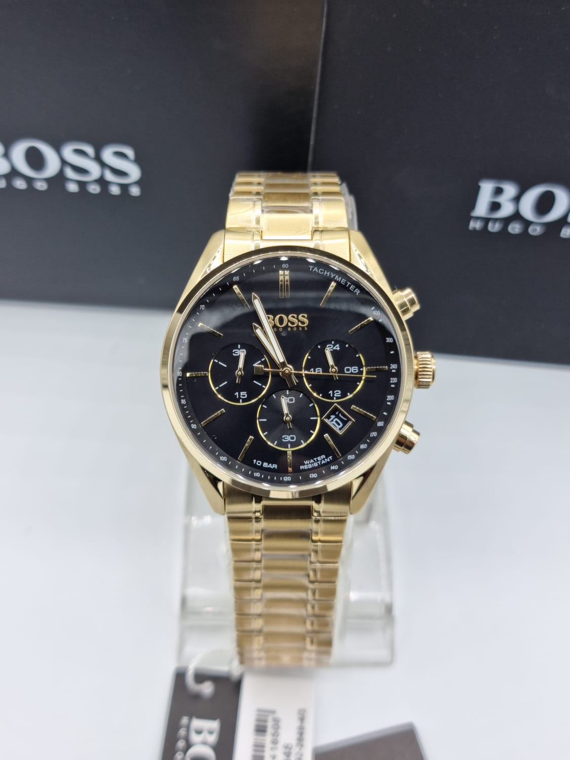 Hugo Boss Champion Black Dial Gold Steel Strap Watch for Men - 1513848