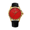 Gucci G Timeless Coral Red Dial Black Leather Strap Watch For Men - YA126464