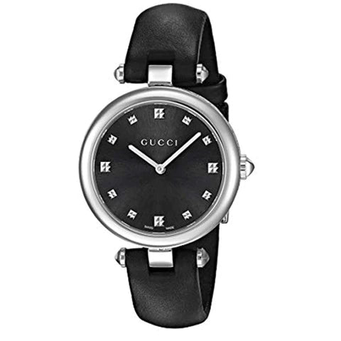 Gucci Diamantissima Diamonds Black Dial Black Leather Strap Watch For Women - YA141403