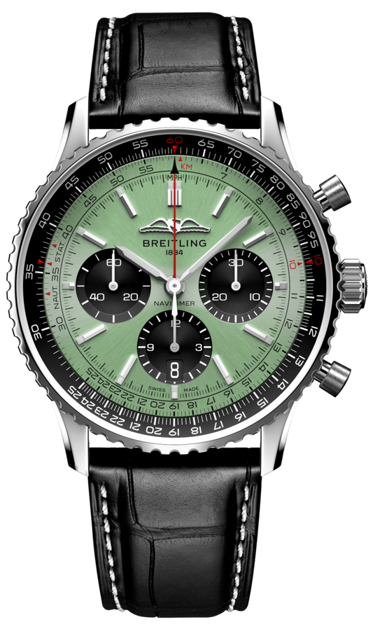 Breitling Navitimer B01 Chronograph 43 Green Dial Black Leather Strap Watch for Men - AB0138241L1P1