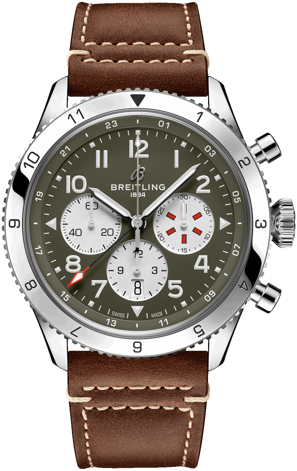Breitling Super Avi B04 Chronograph GMT 46 Curtiss Warhawk Green Dial Brown Leather Strap Watch for Men - AB04452A1L1X1