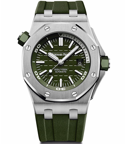Audemars Piguet Royal Oak Offshore Diver Green Dial Green Rubber Strap Watch for Men - 15710ST.OO.A052CA.01