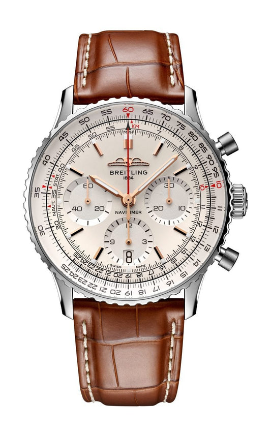 Breitling Navitimer B01 Chronograph 41 White Dial Brown Leather Strap Watch for Men - AB0139211G1P1