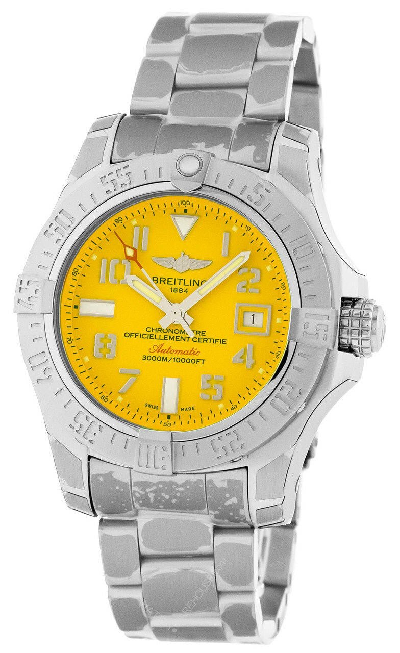 Breitling Avenger II Seawolf Yellow Dial Silver Steel Strap Mens Watch - A1733110/I519