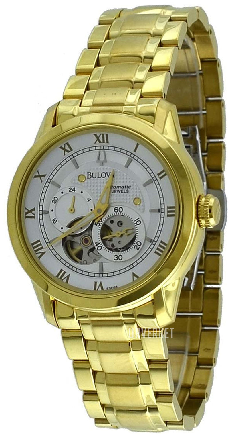 Bulova BVA Skeleton Silver Dial Gold Steel Strap Watch for Men - 97A108