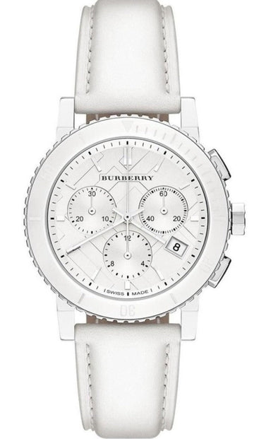 Burberry City Chronograph White Dial White Leather Strap Watch For Women - BU9701